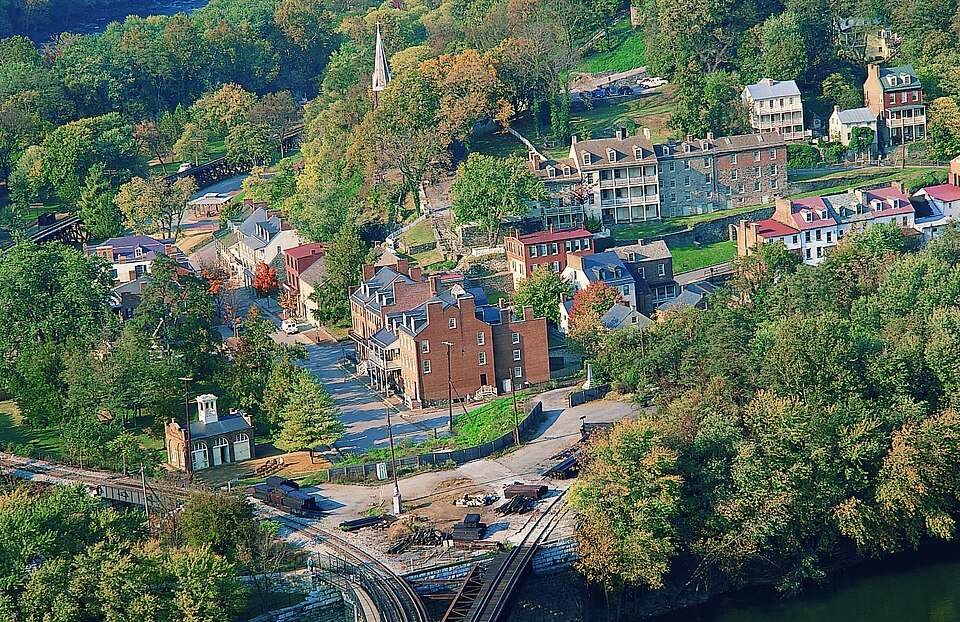 Harpers Ferry's lower town from Maryland Heights